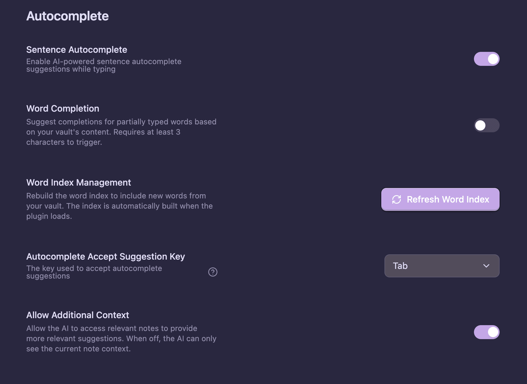 Autocomplete Settings