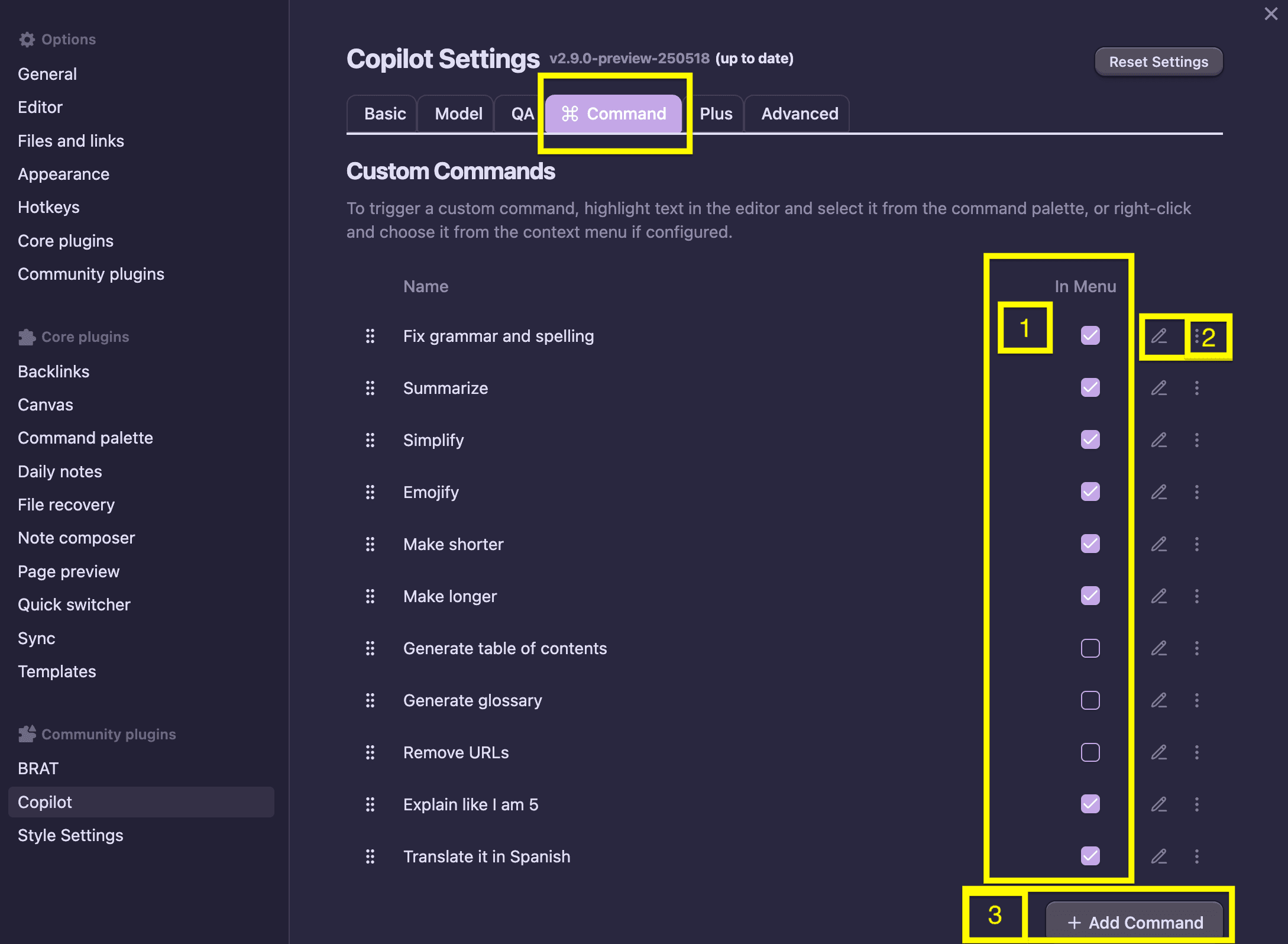 Copilot Commands Settings