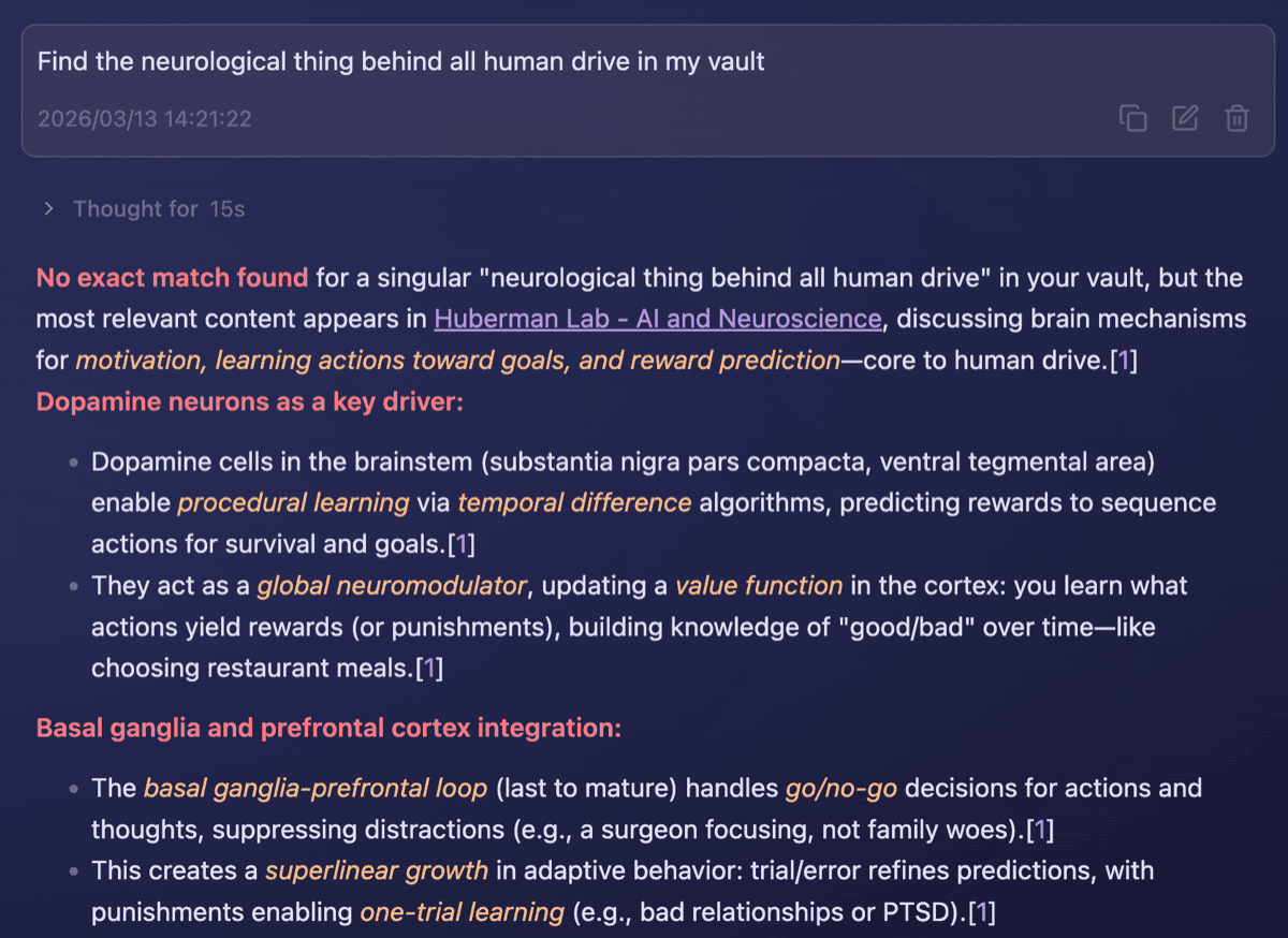 Copilot finding a vague thought across vault notes