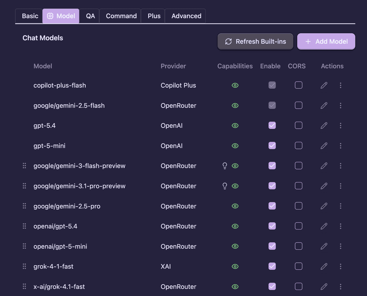 Copilot model selector showing multiple AI providers